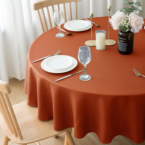Biscaynebay Fall Tablecloth Textured Fabric Round Table Cloth 60" for Tables diameters from 28" to 48", Rust Thanksgiving Autumn Harvest Water Resistant Fabric Table Cover for Kitchen, Dining, Parties