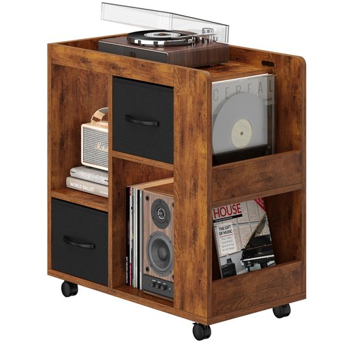 Yaheetech Book Shelf with Storage, Wooden Rolling Bookcase with Wheels, 2 Foldable Fabric Drawers, Magazine Racks and Open Shelves, 13″ × 24″ × 26″, for Living Room, Home Office, Rustic Brown