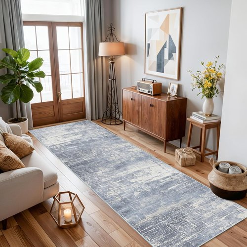 **Hallway 2x10 Washable Runner Rug - Abstract Design | Stain Resistant Non-Slip Area Rug in Blue/Ivory**