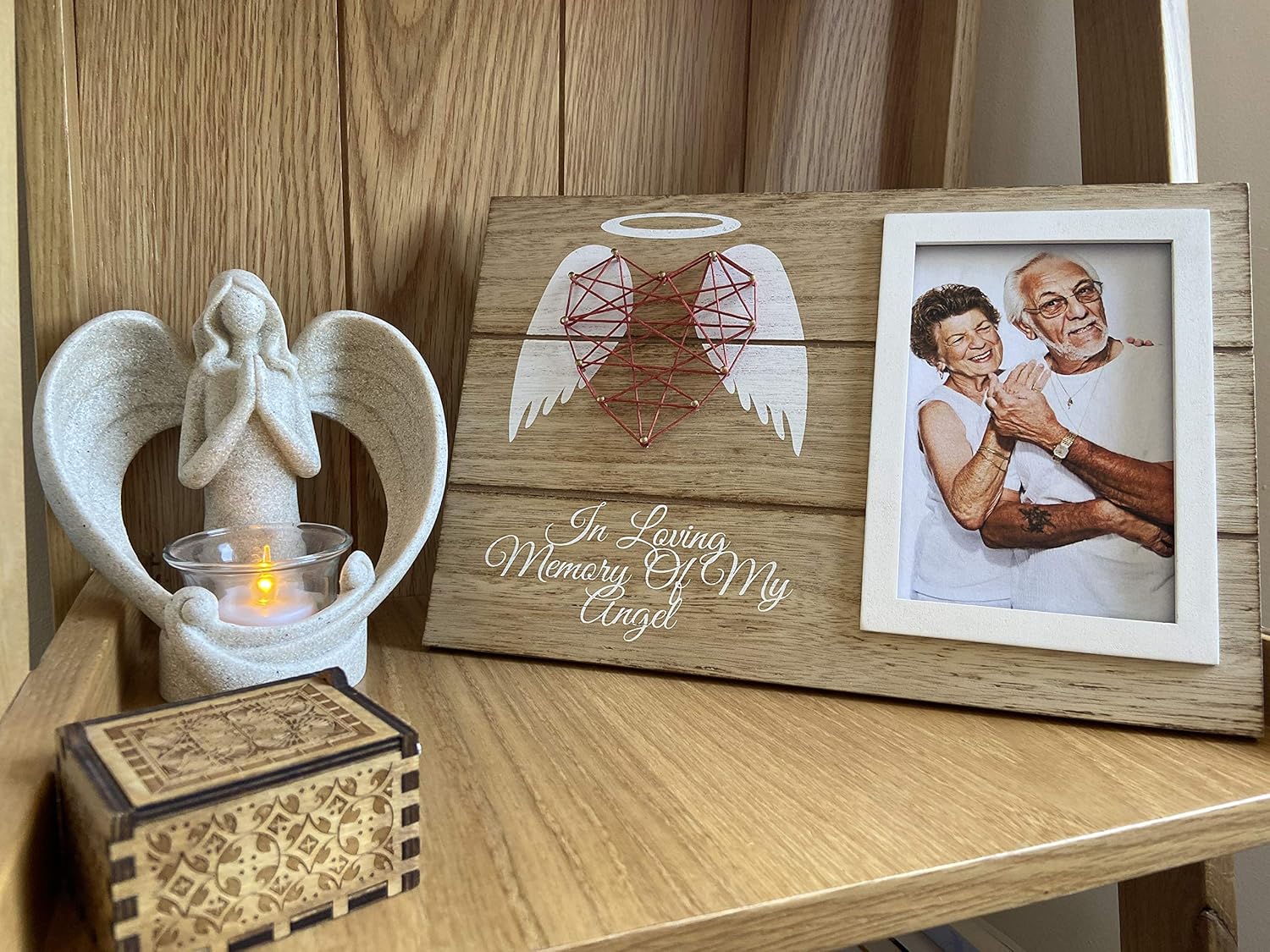 OakiWay Memorial Gifts - Heart-Shaped Guardian Angel Wood Picture Frame | 4x6 Sympathy Gift for Loved Ones