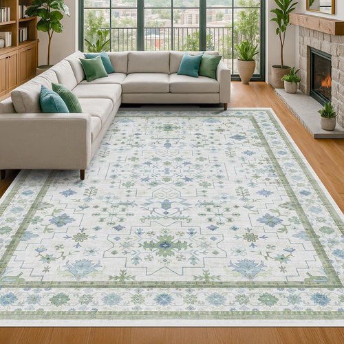 Hazo Haus Washable Rugs - Extra Large 10x12 Cream Blue & Green Floral Geometric Area Rug | Non-Slip Low Pile for Living Room & Dining Room