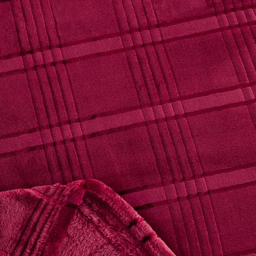 KORBLISS Super Soft Flannel Queen Blanket 90x90 Inches, Premium Checkered Jacquaed Silky Fleece Lightweight Bed Blanket All Season Use, Burgundy Strip, 90"x90"