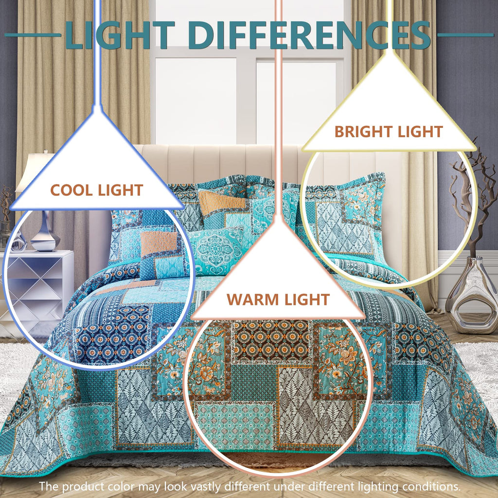 VAPUTAR Cotton Quilt Queen Size Bedding Set - 3 Pieces Queen Quilt Bedding Set, Boho Queen Size Quilts, Lightweight Reversible Coverlets Bedspreads for Farmhouse Bedroom