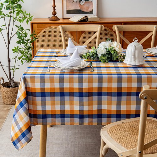 LOSIVISHE Fall Plaid Waterproof Tablecloth – Orange, Blue & White Check Pattern – Thanksgiving Harvest Table Cover, Stain-Resistant & Durable, W60 x L144 in
