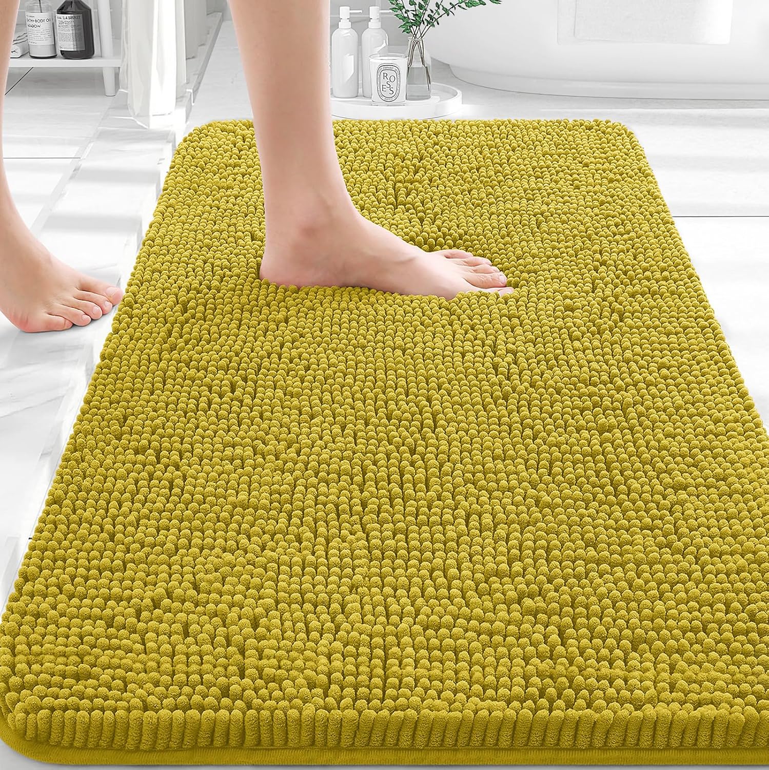 OLANLY Bathroom Rugs - Extra Soft Chenille Bath Mats with Rubber Backing | 30x20, Quick Dry, Deep Mustard