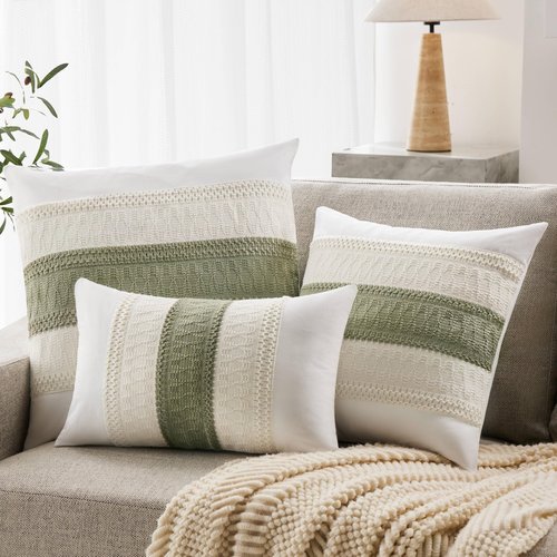 YZJZEDS Soft Cotton Boho Throw Pillow Covers Set of 2, Natural White/Contrast Green 18x18 Inch, Sage Green Farmhouse Decorative Cushion Covers for Sofa Bed Living Room Home Decor