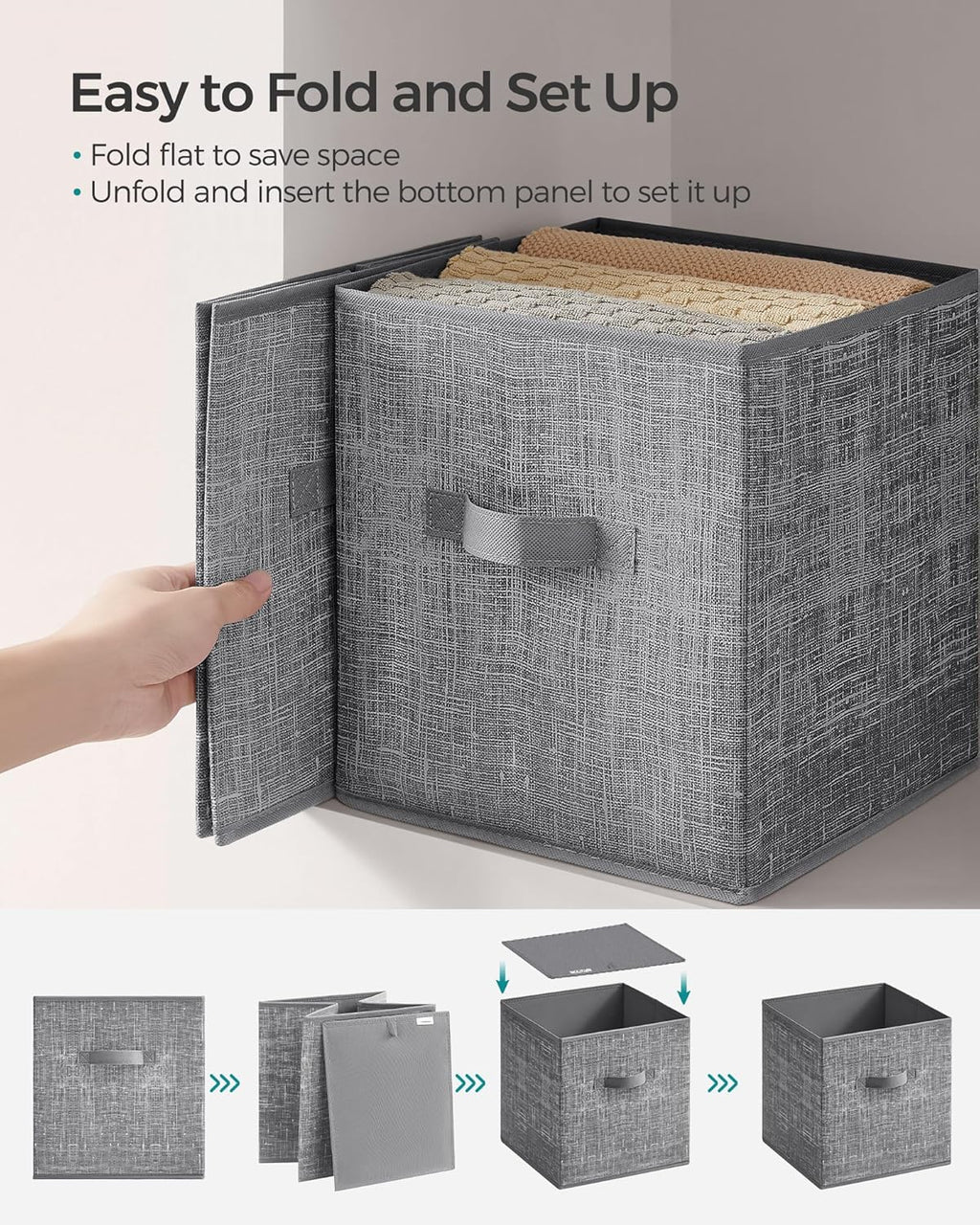 SONGMICS Storage Cubes - Foldable Non-Woven Fabric Bins with Double Handles | Set of 8, Cattail Gray, 10.2 x 10.2 x 11 Inches