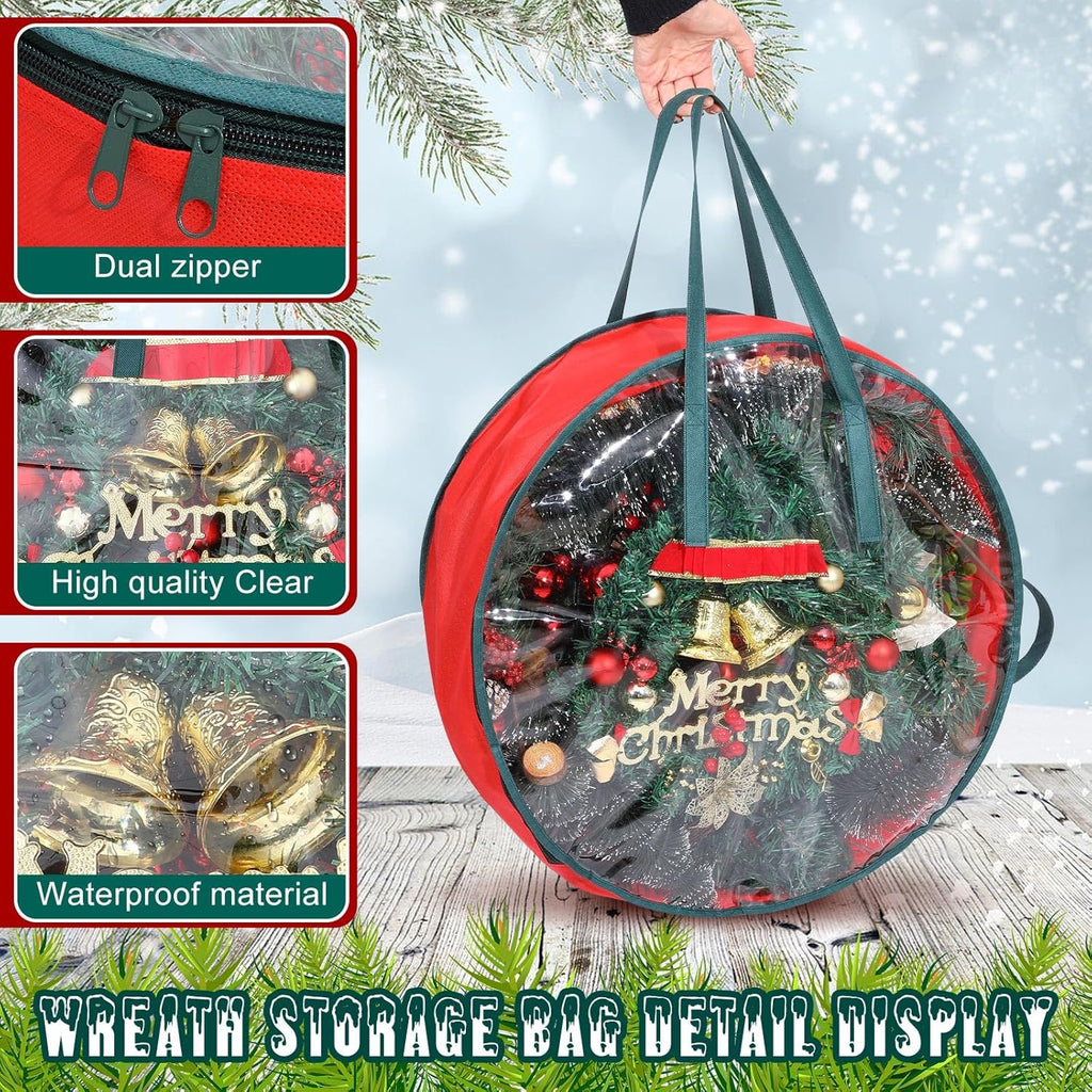 Shappy Wreath Storage Bag - 4 Pcs Red Clear Window Containers with Handles | 36 Inch Holiday Garland