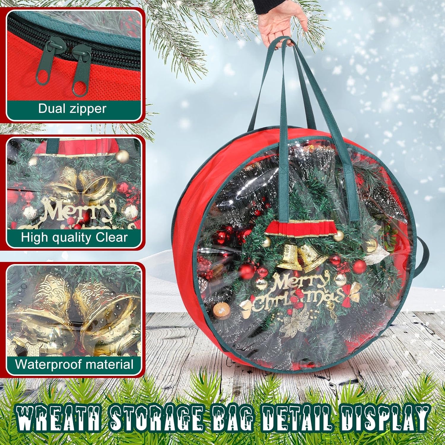Shappy Wreath Storage Bag - 4 Pcs Red Clear Window Containers with Handles | 36 Inch Holiday Garland