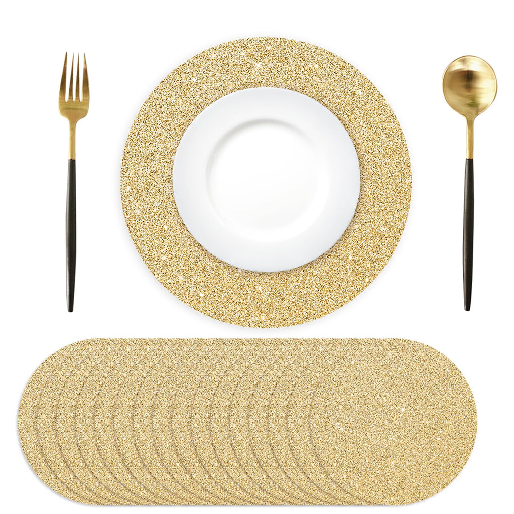 50PCS Light Gold Paper Placemats Disposable 13.4 Inch Shiny Golden Place Mats Round Decorative Glitter Table Mats for Birthday Wedding Holiday Party Decor Sparkle Dining Tableware