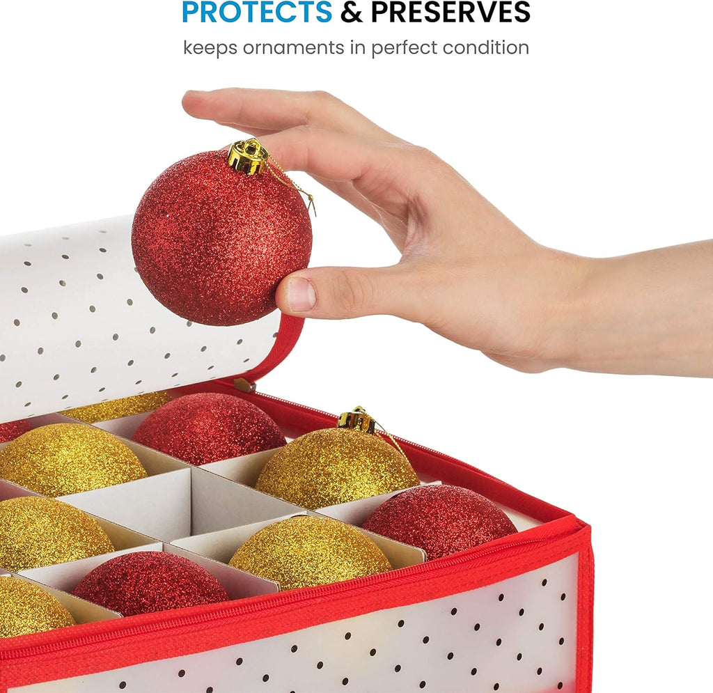 ZOBER Christmas Ornament Storage Box - Holds 128 Ornaments with Dual Zipper - Red Plastic Containers (Pack of 2)