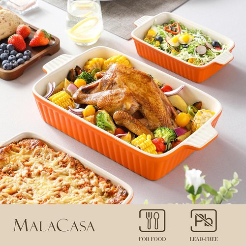 MALACASA Bakeware Set - 4-Piece Porcelain Baking Pans for Oven | Casserole & Lasagna Dishes, Orange