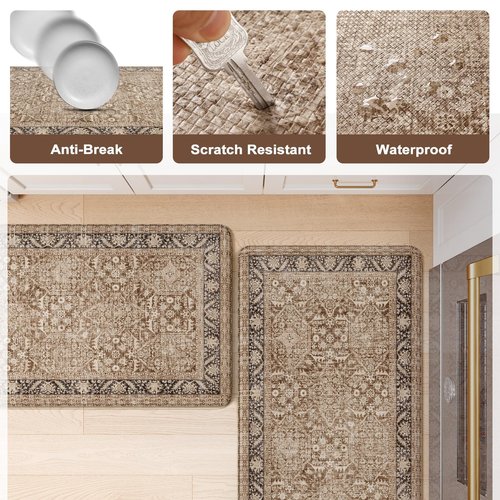 KIMODE Anti Fatigue Kitchen Mat 20"x59"+20"x32", Boho Distressed Kitchen Rugs Sets of 2, Kitchen Mats for Floor Cushioned Non Slip, Comfort Kitchen Floor Mats for Sink, Laundry, Desk Brown
