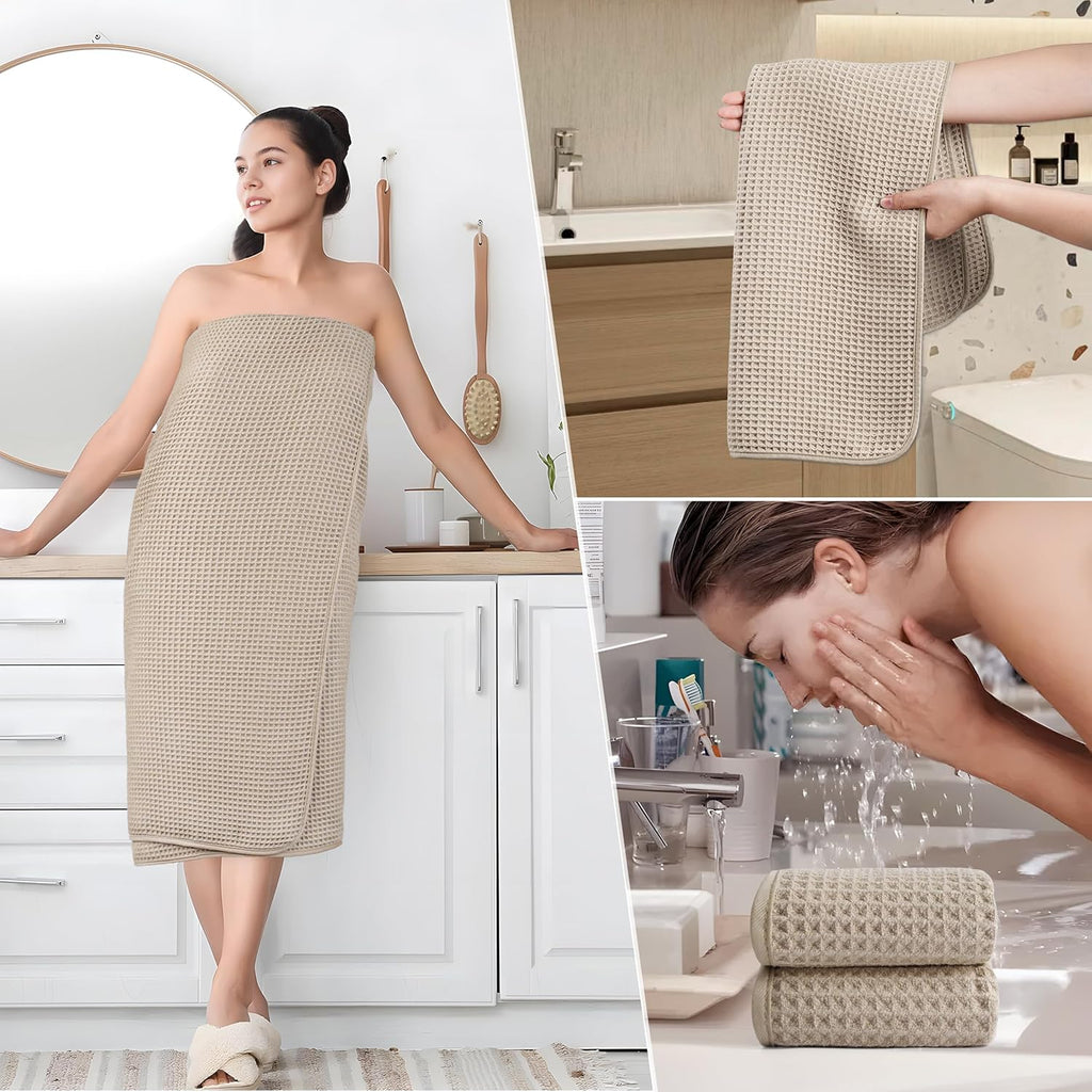 POLYTE Oversize Bath Towel Set - 6 Piece Quick Dry Microfiber, Lint-Free & Waffle Weave Design
