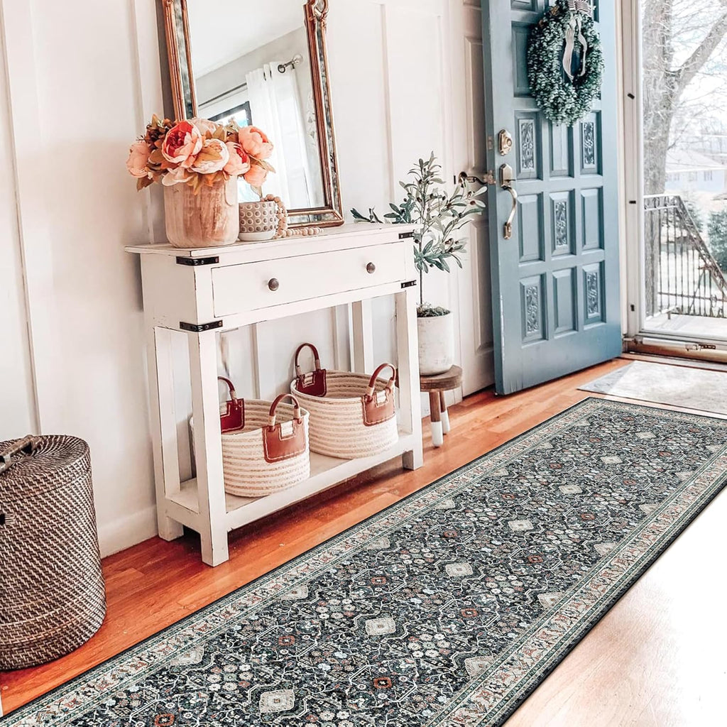 Skiennix Non-Slip Runner Rug - Washable Ultra Soft Vintage Floor Mat for Hallways | 2x12 Black