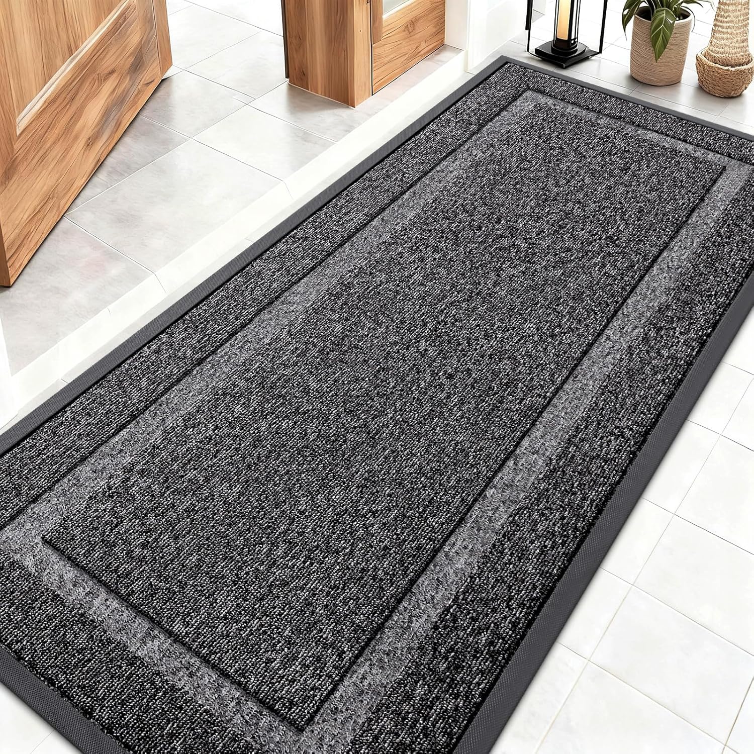 OLANLY Indoor Outdoor Front Door Mat - Waterproof All-Season Doormat, Sturdy Rubber, 59x23, Black & White