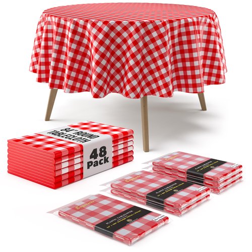 Exquisite Picnic Table Cover - 48 Pack Premium Round Plastic Tablecloth - Red & White Checkered BBQ Table Cover - Gingham Checkerboard Disposable Plastic Tablecloth 84 inch Round