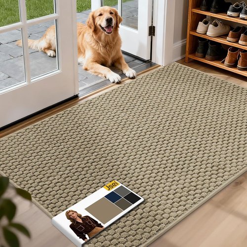 JSEI Dirt Trapper Door Mat - Non-Slip Washable Entryway Rug | 32"x48", Absorbent Beige Mat for Dogs & Wet Shoes
