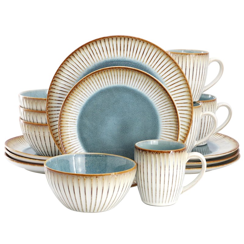 Elama 16 Piece Stonewre Dinnerware/Tableware Set, Service for 4, Textured Design, Color Rim Place Settings (Louann)