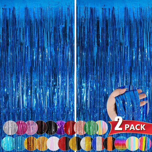 Blue Metallic Tinsel Foil Fringe Curtains - 2 Pack 3.3x8.3 Feet | Perfect for Birthday & Halloween Decor