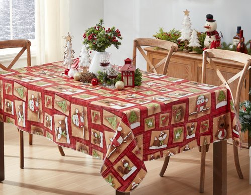 Newbridge Holiday Forest Friends Red & Tan Christmas Vinyl Tablecloth with Flannel Backing – 52 x 70 Inch Rectangle – Cute Woodland Animals, Fox, Owl, Bear & Tree Print Table Cover