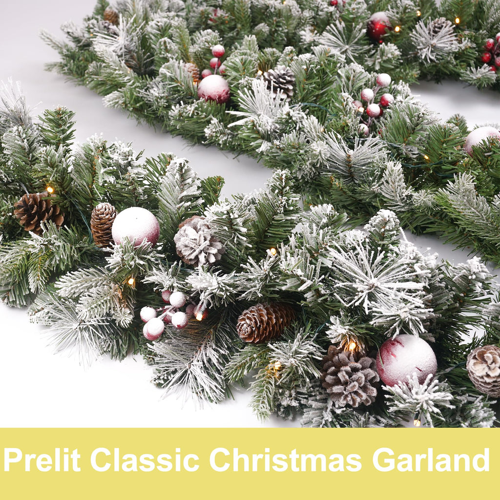 Christmas Garland Flocked 9ft with 50 Lights, Christmas Decor with Pine Cone Red Balls & Berries 50 Light Timer for Mantle Staircase Indoor and Outdoor