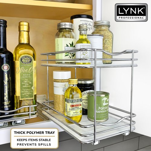 LYNK PROFESSIONAL® Pull Out Spice Rack Organizer for Inside Kitchen Cabinets - 6-3/8 inch Wide - Slide Out Drawer – Chrome Sliding Spice Organization for cabinet - Spice Racks - 2 Tier
