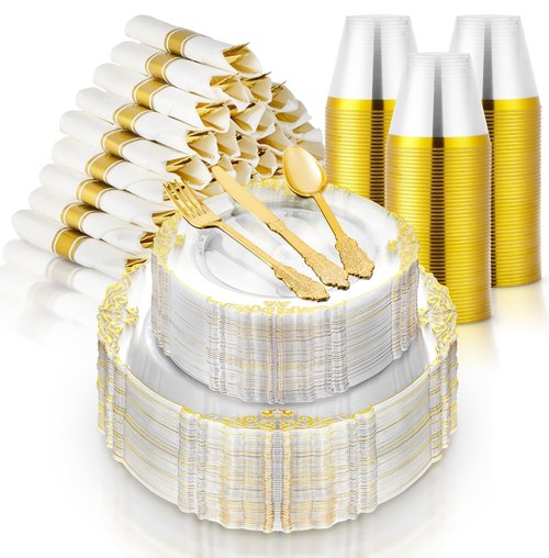 Stock Your Home Clear and Gold Plates Set with Pre-Rolled Cutlery with Napkins & Gold Cups, Dinnerware for 50 Guests (350pcs), Disposable Party Sets for Wedding, Bridal Shower, Graduation Parties