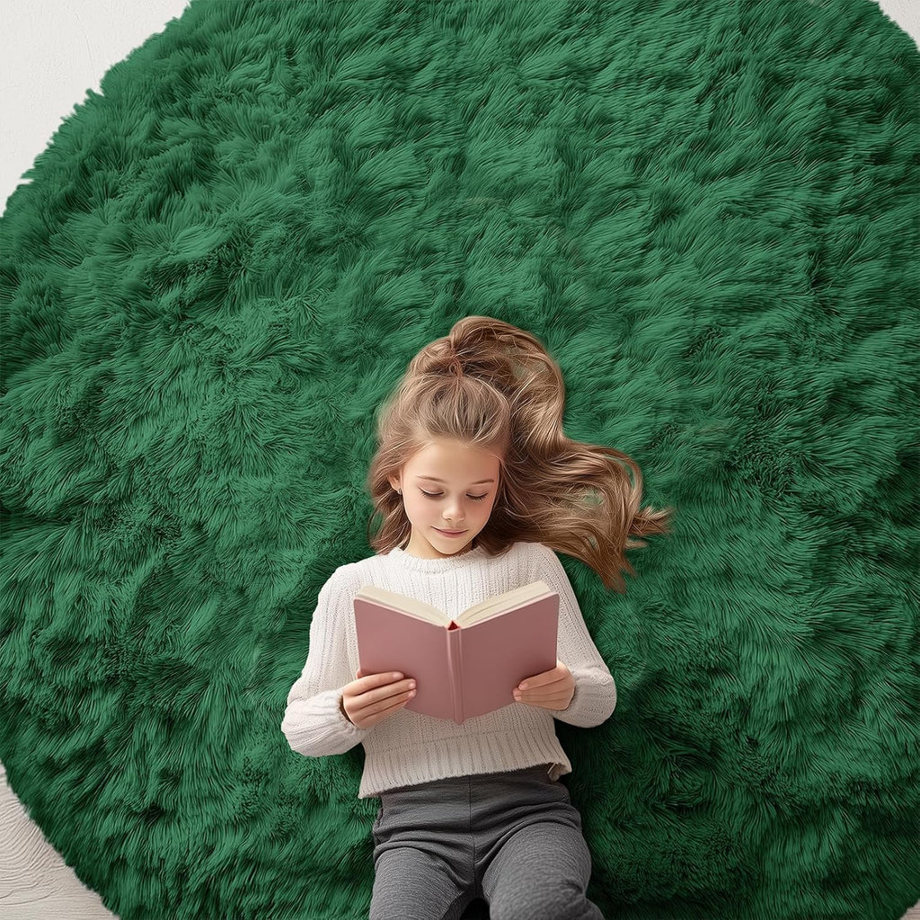 OLANLY Dark Green Round Area Rug - Soft, Fluffy, Machine Washable 6 ft Circle Carpet for Bedrooms & Nurseries