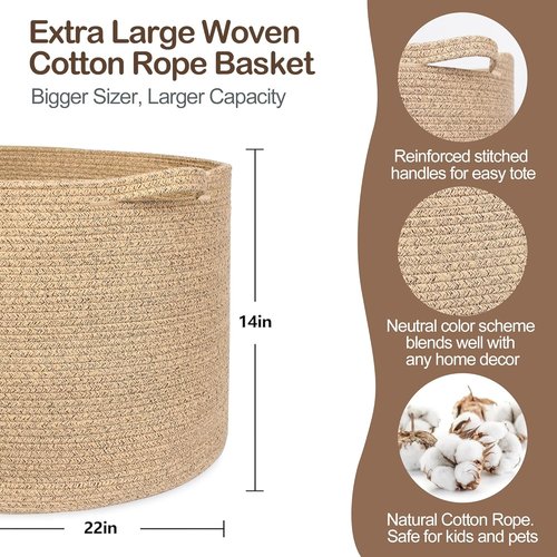 MEGASKET Large Wicker Storage Basket - 22” X 22” X 14” Cotton Rope Organizer for Toys & Blankets - Brown