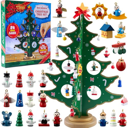 JOYIN Christmas Advent Calendar - 24 Days Countdown with Wooden Tree & 28 Ornaments | Perfect Holiday Gift for Kids