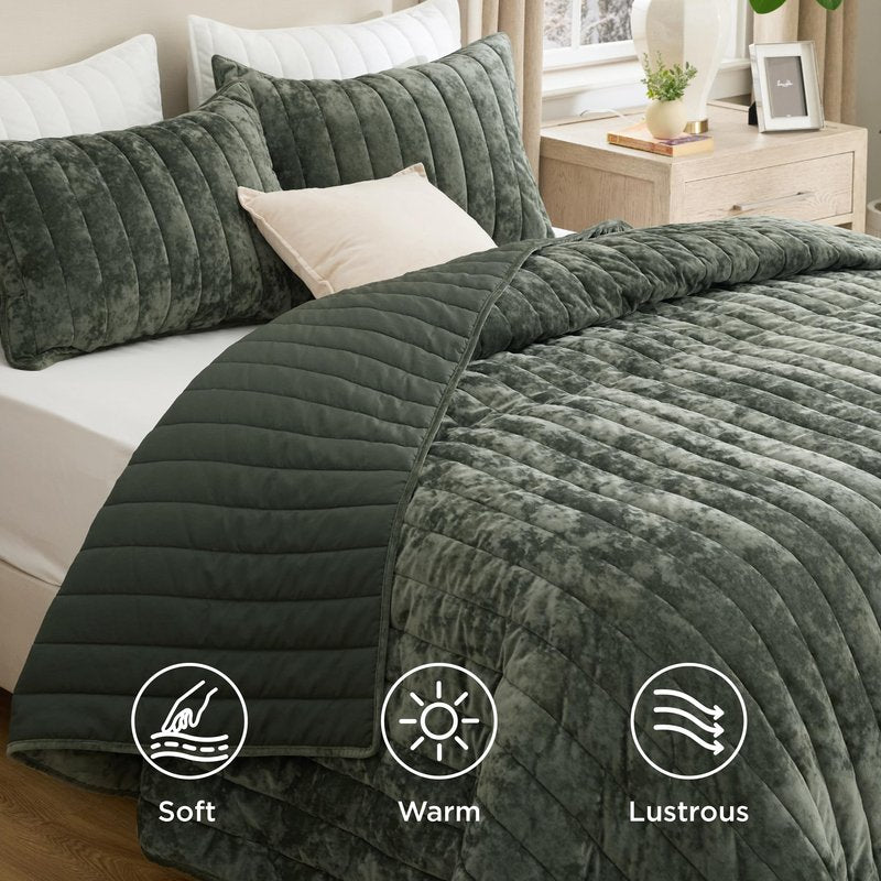 Bedsure Velvet Quilt Queen Size Set - Lightweight Velvet Comforter Queen, Luxury Bedspread Coverlet, Ultra-Soft Bedding Set with 2 Pillow Shams for All Season, 90"x96", Olive Green