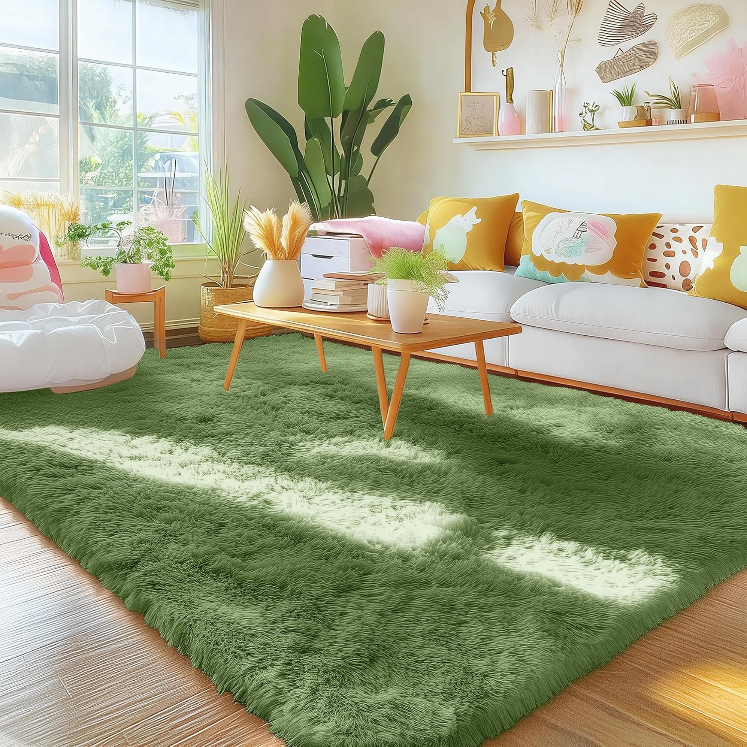 OLANLY Area Rug - Soft Fluffy Shaggy Design | Machine Washable 4x5.9 ft - Ideal for Living Room, Bedroom & Nursery Decor in Green