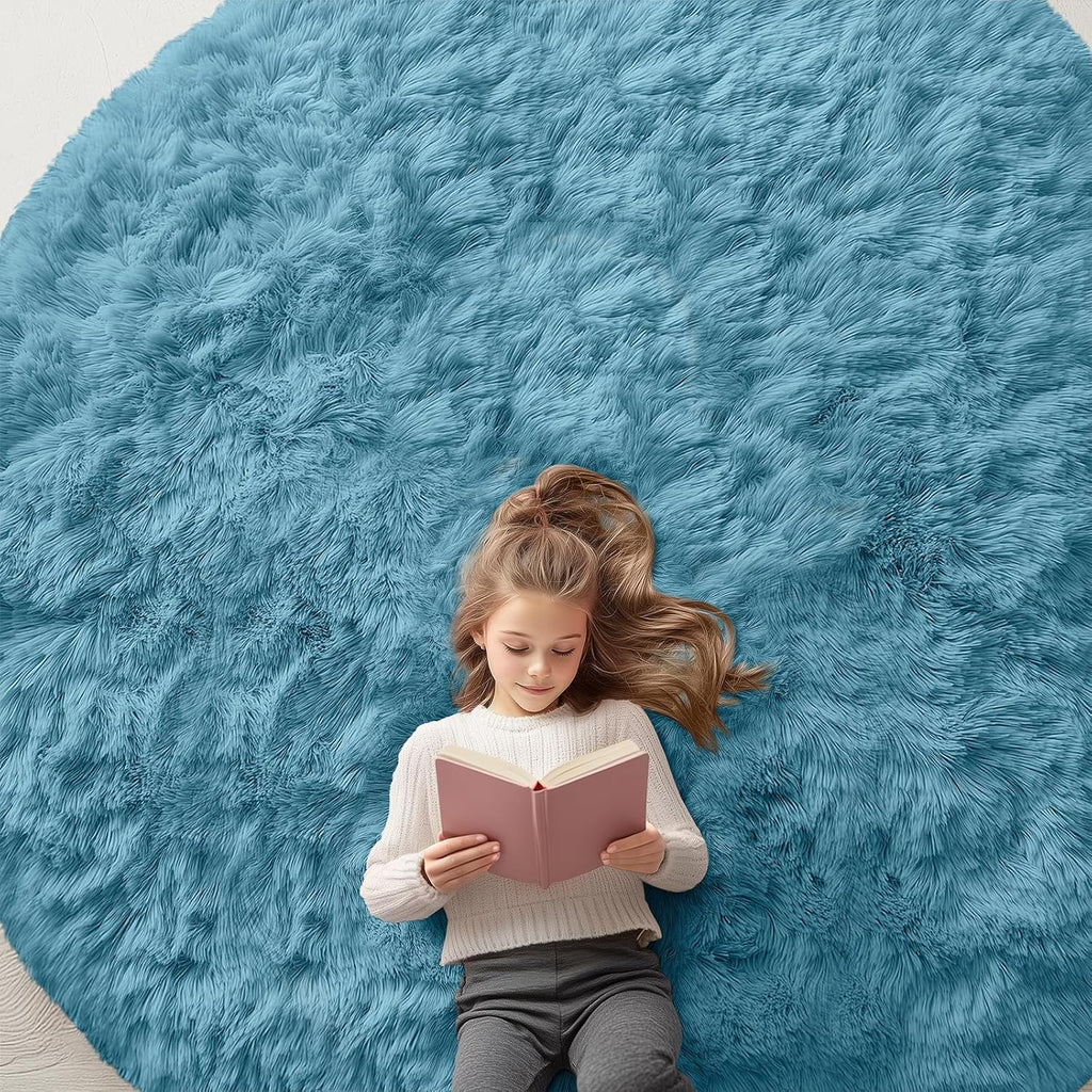 OLANLY Round Slate Blue Area Rug - Soft, Fluffy, Machine Washable 8 ft Carpet for Bedroom & Living Room