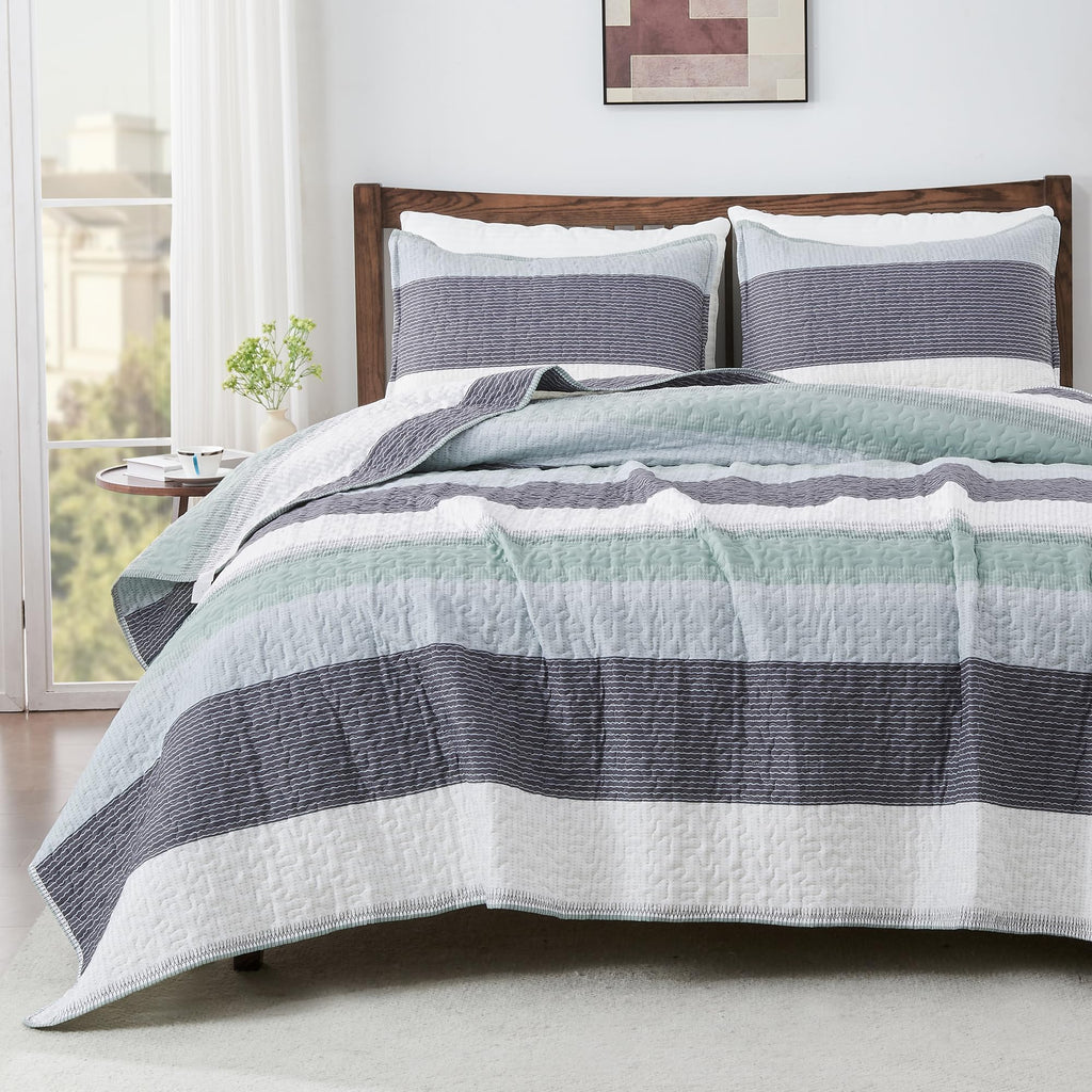 Andency Stripe Quilt Set Cal King(104x112 Inch), 3 Pieces (1 Striped Quilt and 2 Pillowcases) Patchwork Bedspread Coverlet Set, Lightweight Soft Microfiber Quilted Bedding Set