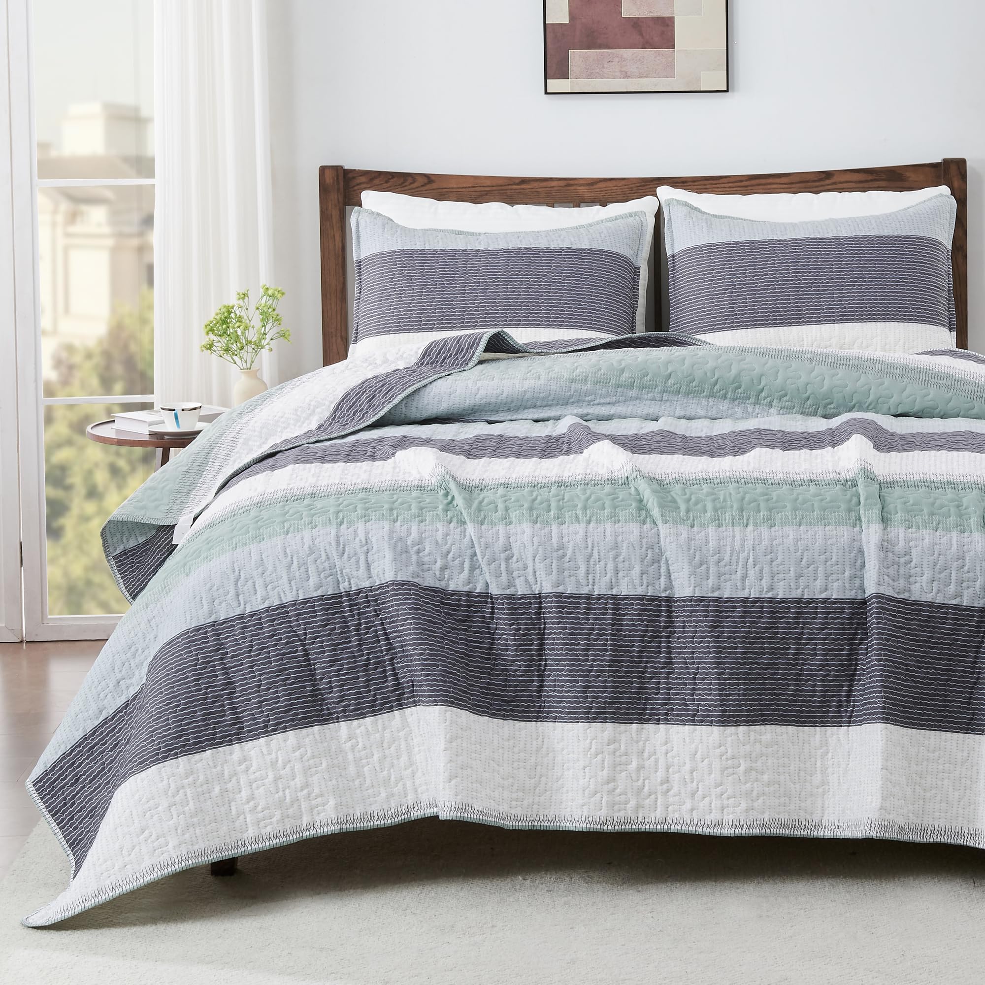 Andency Stripe Quilt Set Cal King(104x112 Inch), 3 Pieces (1 Striped Quilt and 2 Pillowcases) Patchwork Bedspread Coverlet Set, Lightweight Soft Microfiber Quilted Bedding Set