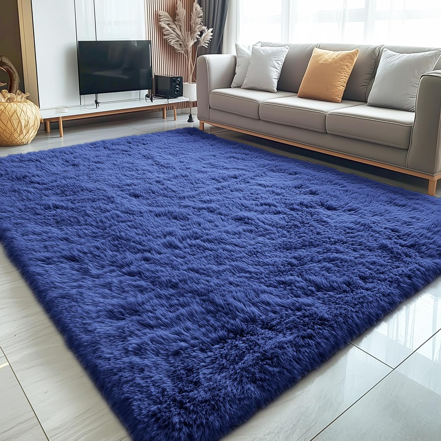 OLANLY 6x6 Area Rug - Soft, Fluffy Shaggy Design for Living Room & Bedroom | Navy Blue