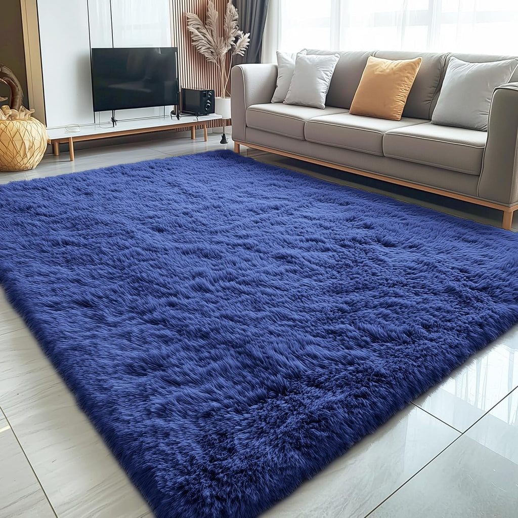 OLANLY Large Area Rug - Soft Fluffy Shaggy Carpet for Living Room & Bedroom | Machine Washable, Navy Blue