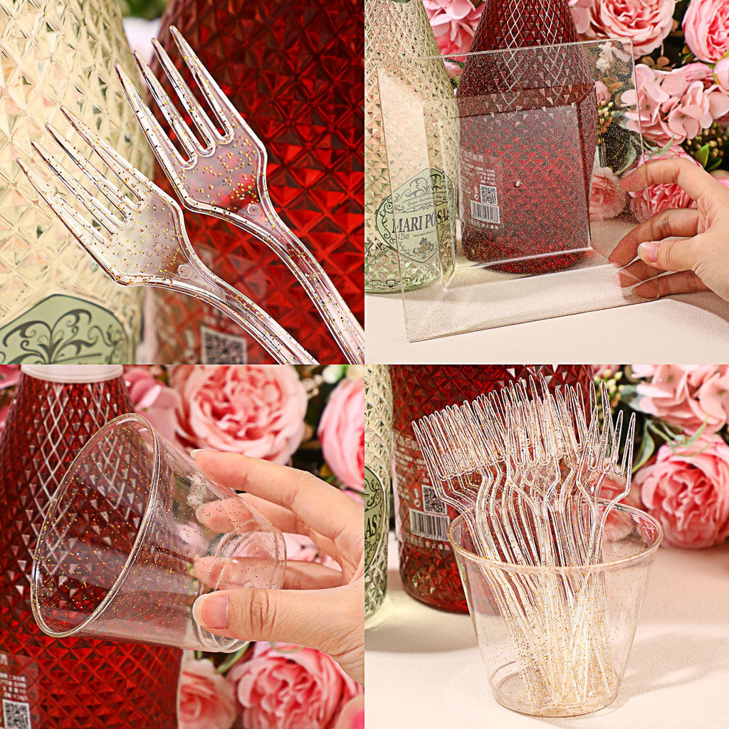 Mifoci 300 Pcs Gold Glitter Plastic Plates Set for Party 100 Pcs 6.5 Inch Plastic Plates with 100 Forks and 100 9 oz Cups for Wedding Party Halloween(Gold Glitter)