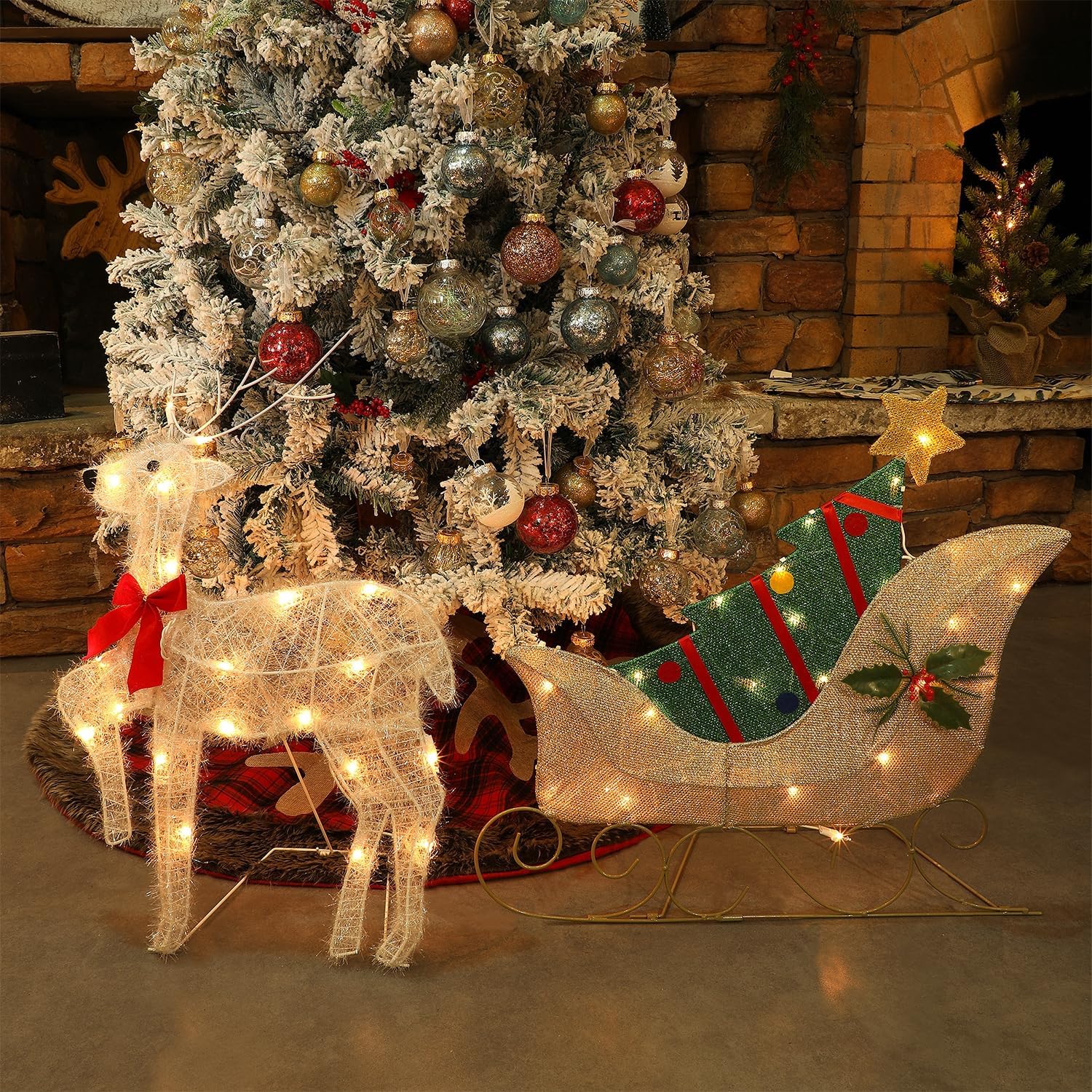 WATERGLIDE Christmas Decorations - 23-Inch Lighted Reindeer & Santa Sleigh | Pre-Lit 2D Yard Decor for Festive Holiday Display
