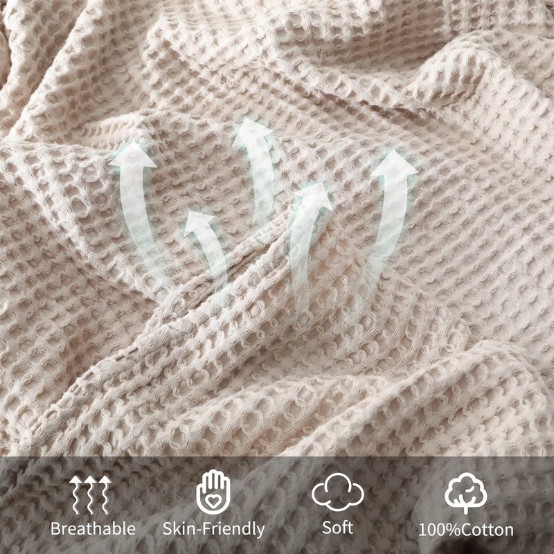 100% Cotton Waffle Blanket (Khaki - Twin Size - 66 * 90''), Pre-Washed and Anti-Shrinkage Soft Lightweight Bed & Couch Blanket, 380 GSM Waffle Weave Throw Blanket for All Seasons