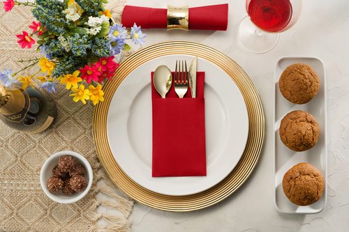 50-Pack Disposable Linen-Feel Dinner Napkins with Built-in Flatware Pocket, BRIGHT RED Prefolded Cloth Like Paper Napkins For Christmas, Dinner, Wedding Or Party [Silverware NOT Included]