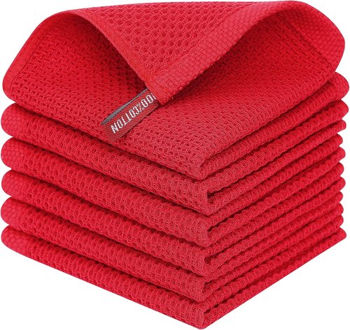 Homaxy Kitchen Dish Cloths - Ultra Soft 100% Cotton Waffle Weave, Quick Drying, 12 x 12 Inches, 6-Pack, Red