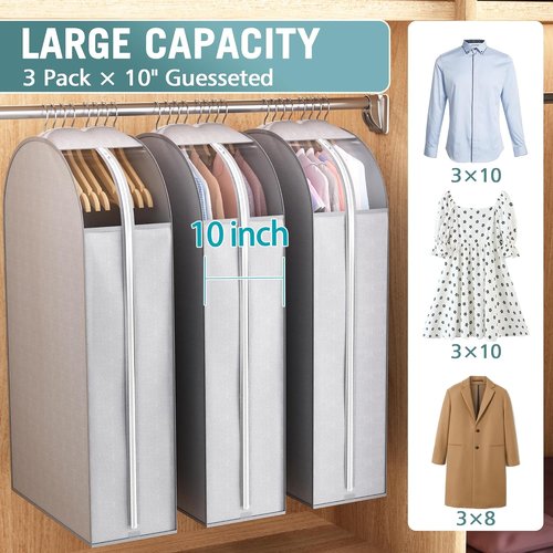 Liuoud 10" Gusseted Garment Bags - Clear Window Suit Bags for Hanging Clothes | 40" Clothing Covers, 3 Pack