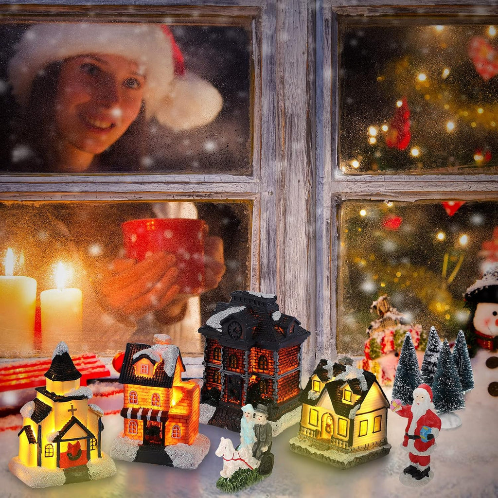 Queekay 17-Piece Lighted Christmas Village Set - Resin Houses & Figurines for Festive Indoor Decor