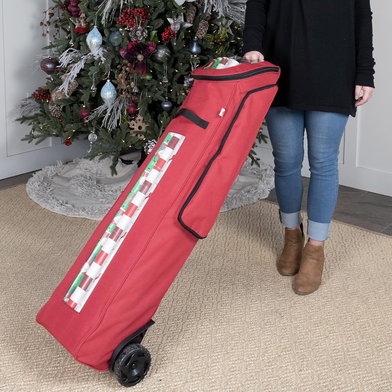 Rolling Gift Wrapping Paper Storage Containers - Holds 12 (40-Inch) Rolls | Over-Door Organizer with Oversized Wheels