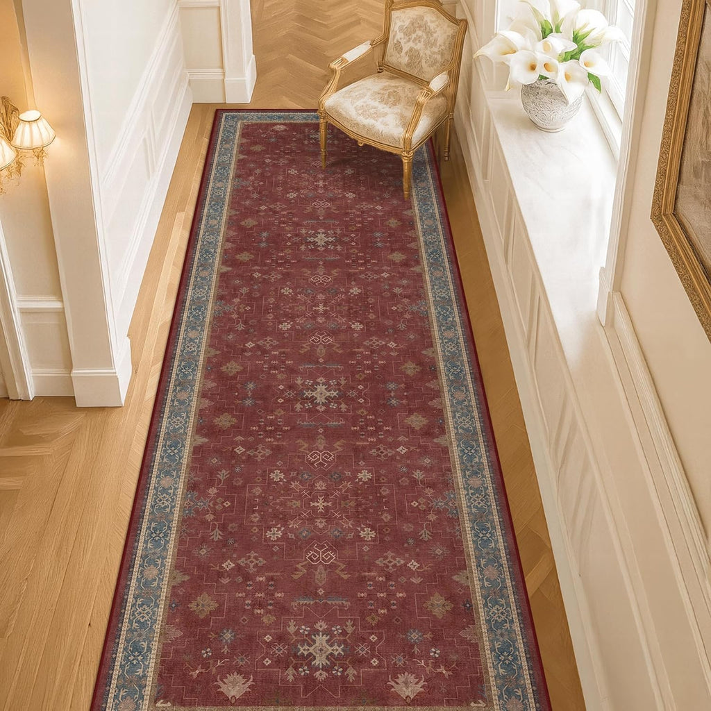 Skiennix Red 2x8 Long Hallway Runner Rug - Boho Washable Non-Skid Indoor Mat | Vintage Geometric Design