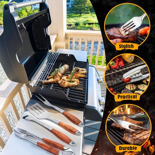 BBQ Grilling Accessories - Barbecue Tool Sets - Luxury Grill Accessories Kit - Grill Set – Premium Stainless Steel Equipment - 5 in 1 BBQ Tongs, Meat Fork, Spatula & Basting Brush