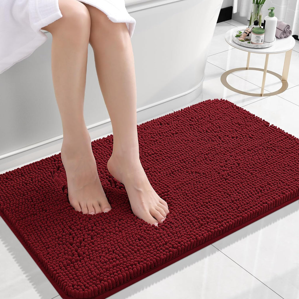 OLANLY Bath Rugs - Extra Soft Chenille, Quick-Dry Rubber Backing | 24x16 Red Machine Washable Mats