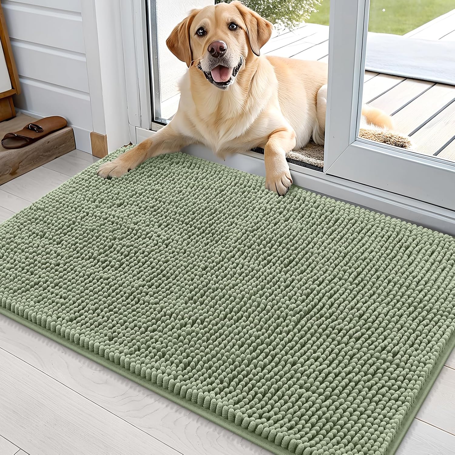 OLANLY Dog Door Mat - Absorbent Non-Slip Chenille Mat for Muddy Paws | 36x24 Inches, Sage Green